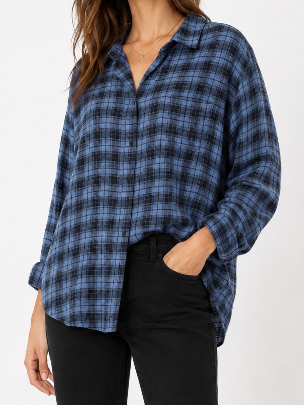 Treasure & Bond Boyfriend Fit Button Down Shirt Lightweight Flannel Blue Medium